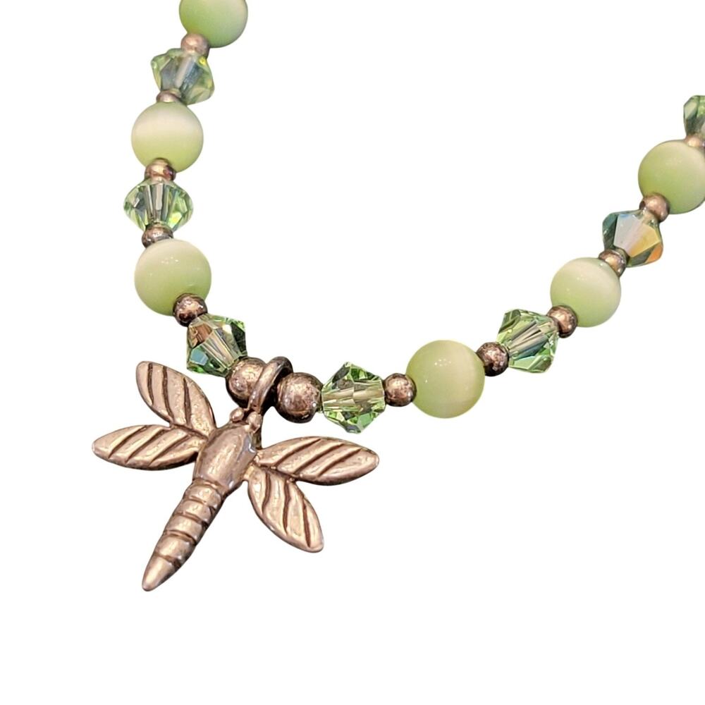 Sterling Silver Dragonfly Pendant Necklace 14" 925 Chain Green Beads Children's